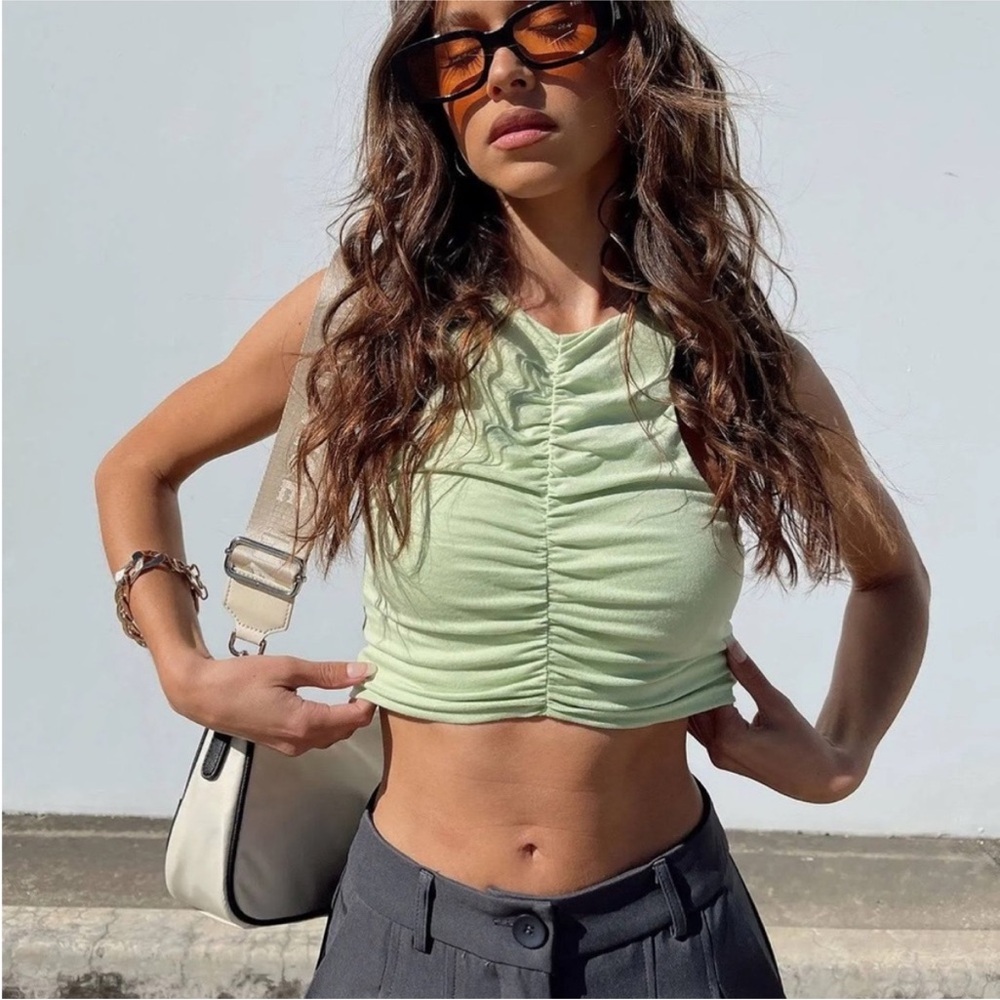 Princess Polly Sage Ruched Crop Tank